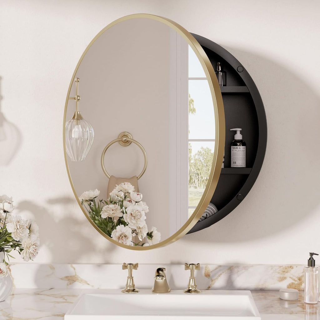 TETOTE Gold Medicine Cabinet with Mirror Round Medicine Cabinets 20 x 20 for Bathroom Modern Bathroom Organizer with Shelves Adjustable Shelves Wall Mounted