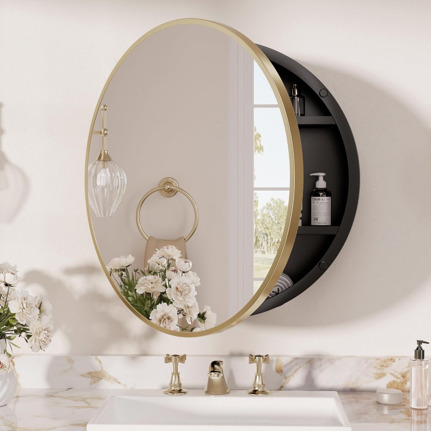 TETOTE Gold Medicine Cabinet with Mirror Round Medicine Cabinets 20 x 20 for Bathroom Modern Bathroom Organizer with Shelves Adjustable Shelves Wall Mounted