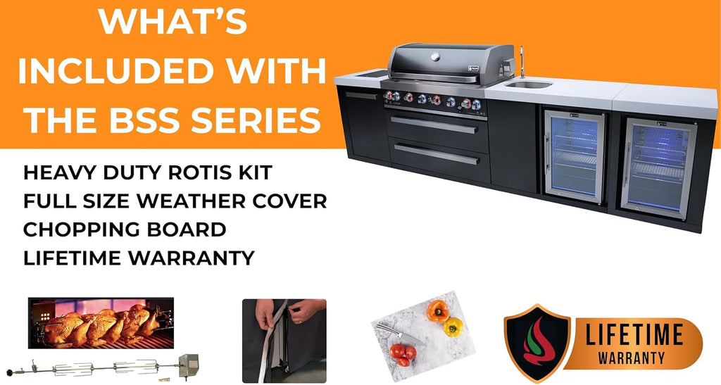 Mont Alpi 82'W x 23'D x 46'H Black Stainless Steel Outdoor Kitchen Island with Refrigerator + 32'W 4-Burner BBQ Grill + Granite Countertops + Storage Cabinets + Chopping Board + Rotisserie Kit + Cover