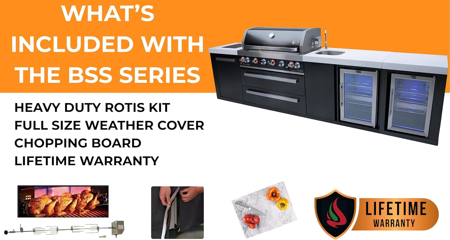 Mont Alpi Premium 107'W x 23'D x 46'H Black Stainless Steel Outdoor Kitchen Island with Refrigerator + 32'W 4-Burner BBQ Grill + Granite Countertops + Storage Drawers + Cabinets + Rotisserie + Cover