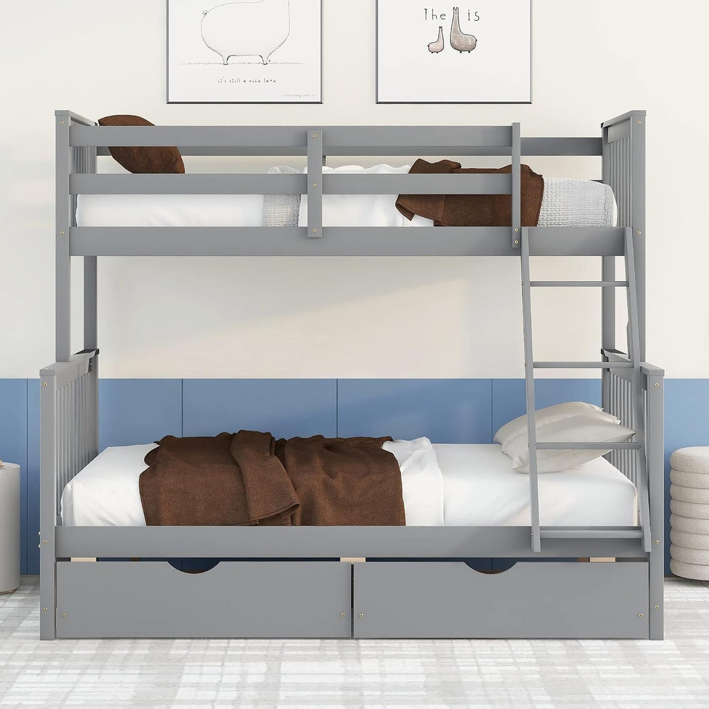 Harper & Bright Designs Twin Over Full Bunk Bed with Two Storage Drawers, Guardrails and Ladder, Solid Wood Bunk Bed Convertible to 2 Separated beds (Grey)
