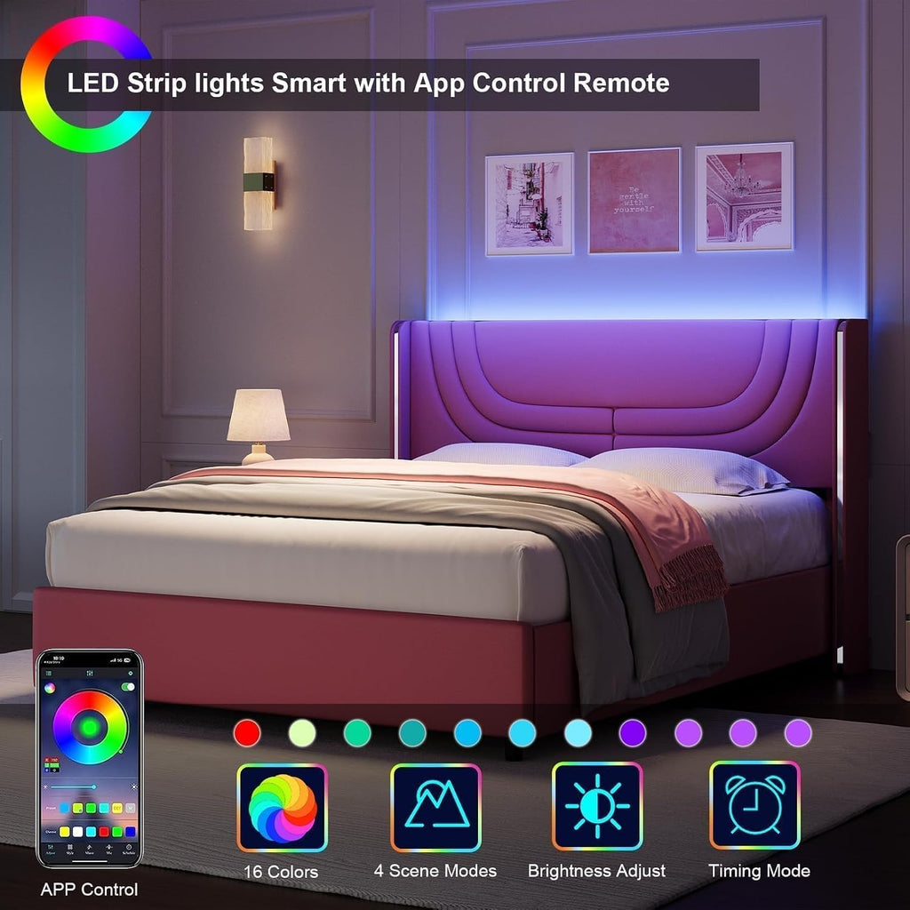 REVOMINCA Pink Full Size Bed Frame with LED Lights, Faux Leather Upholstered Platform with Silver Wingback Headboard, Modern Style, No Box Spring Needed, Easy Assembly