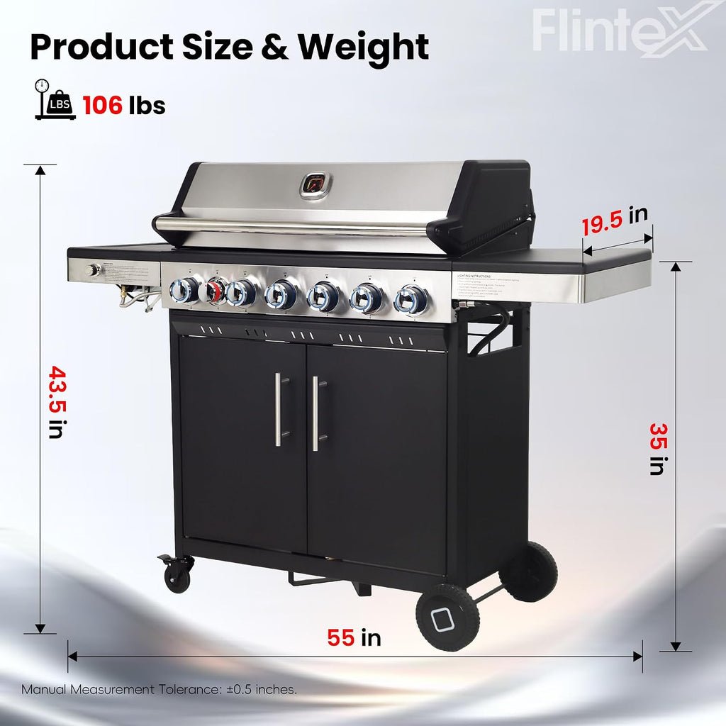 Flintex Multi-Function Propane Gas Grill with Various Grates, 6-Burner Outdoor BBQ Grill with Porcelain-Enameled Cast Iron Grates & Griddle, 54,600 BTU Output, 625 sp.in. Cooking Area, Black