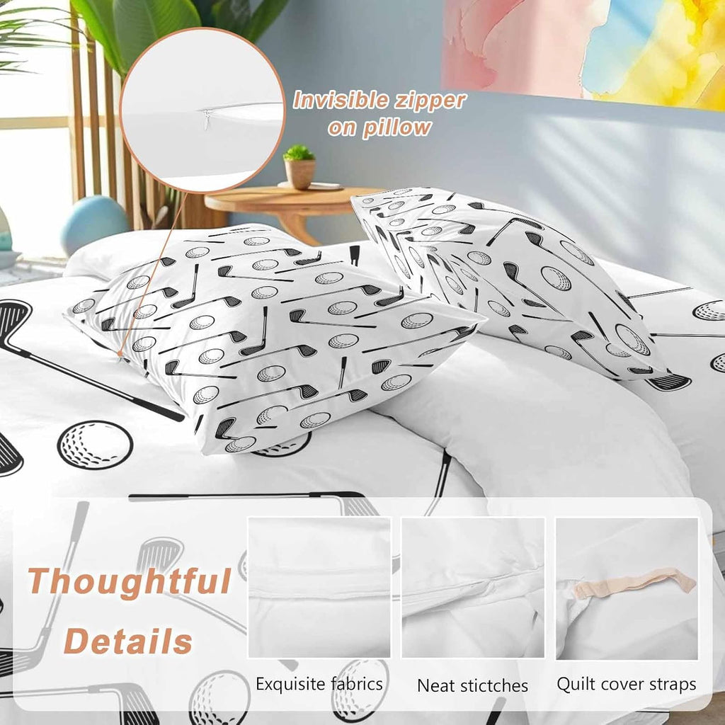 Golf Balls Duvet Cover Set Queen Size 4 Pieces Retro Sports Style Golf Poles Minimalist Modern Bedding Set with Zipper Closure, 1 Comforter Cover 86x86 Inches 1 Flat Sheet & 2 Pillow Cases
