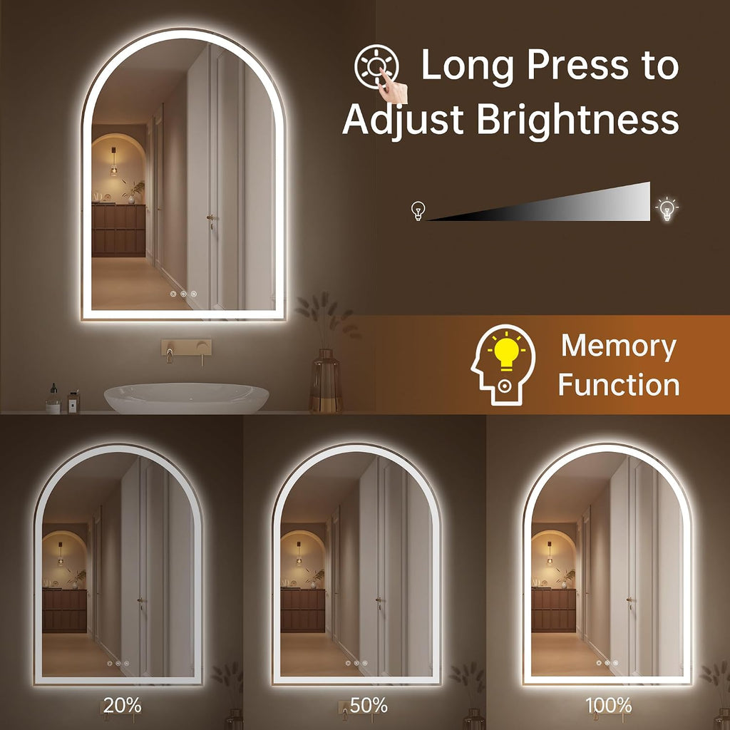 Arched Bathroom Mirror with Lights 28'x40'- Frameless LED Mirror for Bathroom, Fogless, Dimmable, 3 Color Changing, Shatterproof, Touch Sensor