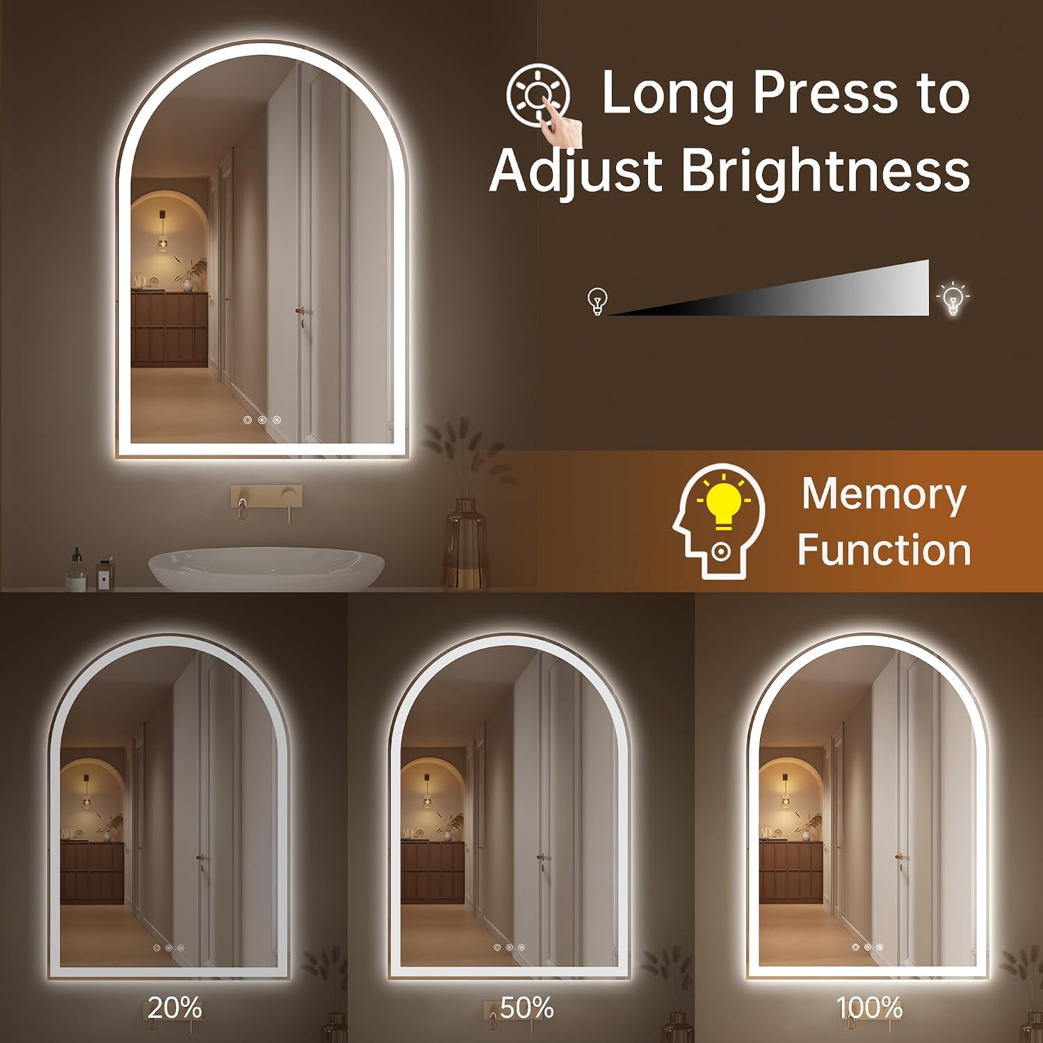 Arched Bathroom Mirror with Lights 28'x40'- Frameless LED Mirror for Bathroom, Fogless, Dimmable, 3 Color Changing, Shatterproof, Touch Sensor