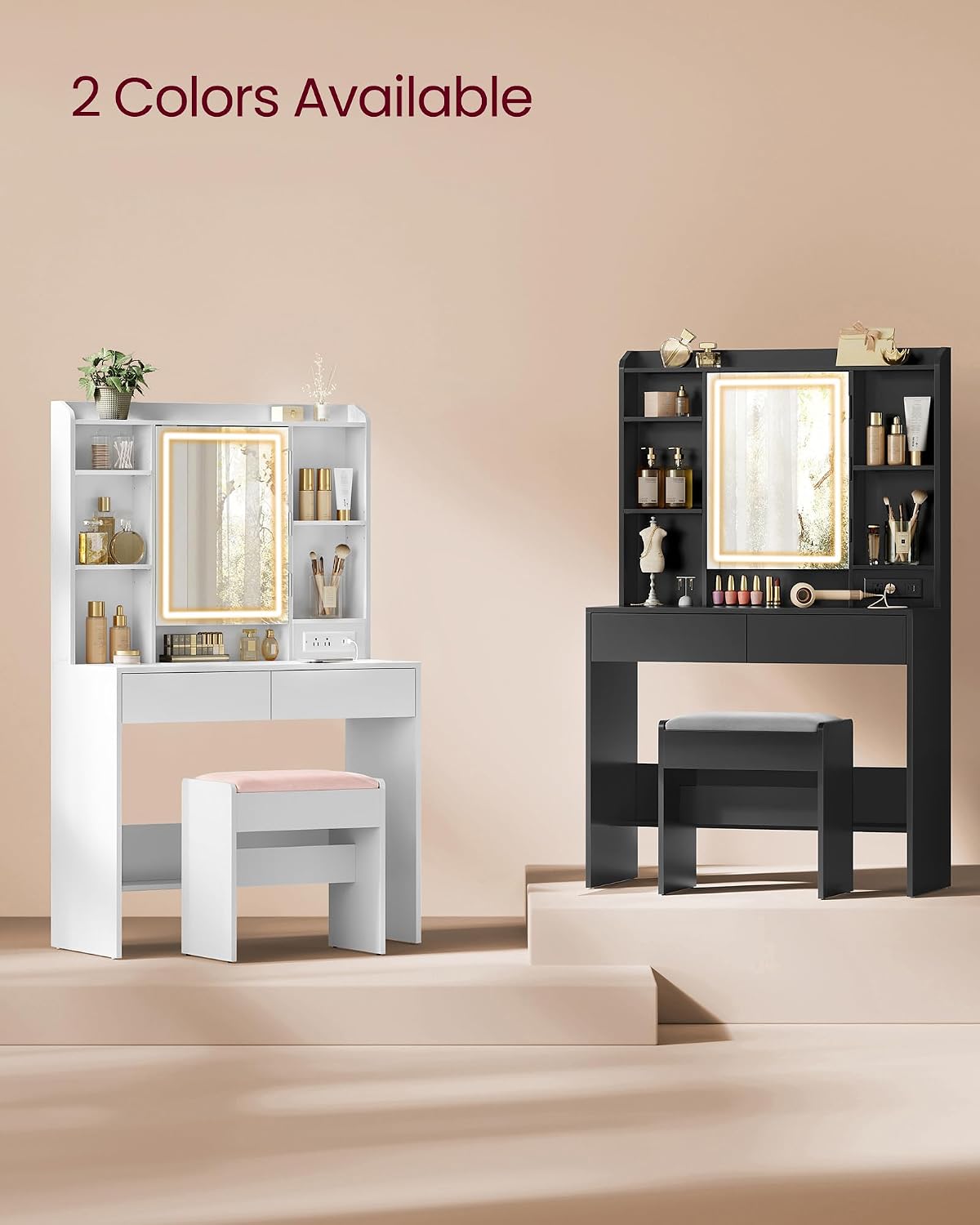 VASAGLE KAILYN Collection - Vanity Desk with Power Outlets, Makeup Vanity with Mirror and Lights, Upholstered Vanity Stool, LED Lights, 6 Compartments, 2 Drawers, for Bedroom, Cloud White URDT031W01
