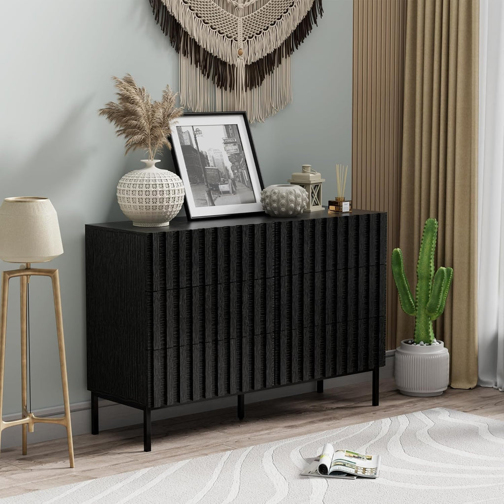 UEV 3 Piece Dresser and Nightstand Sets for Bedroom, 47' Wide 6 Drawer Dresser & Nightstand Set of 2, Mid Century Modern Fluted Wooden Dressers Set, Bedroom Furniture Set (Black)