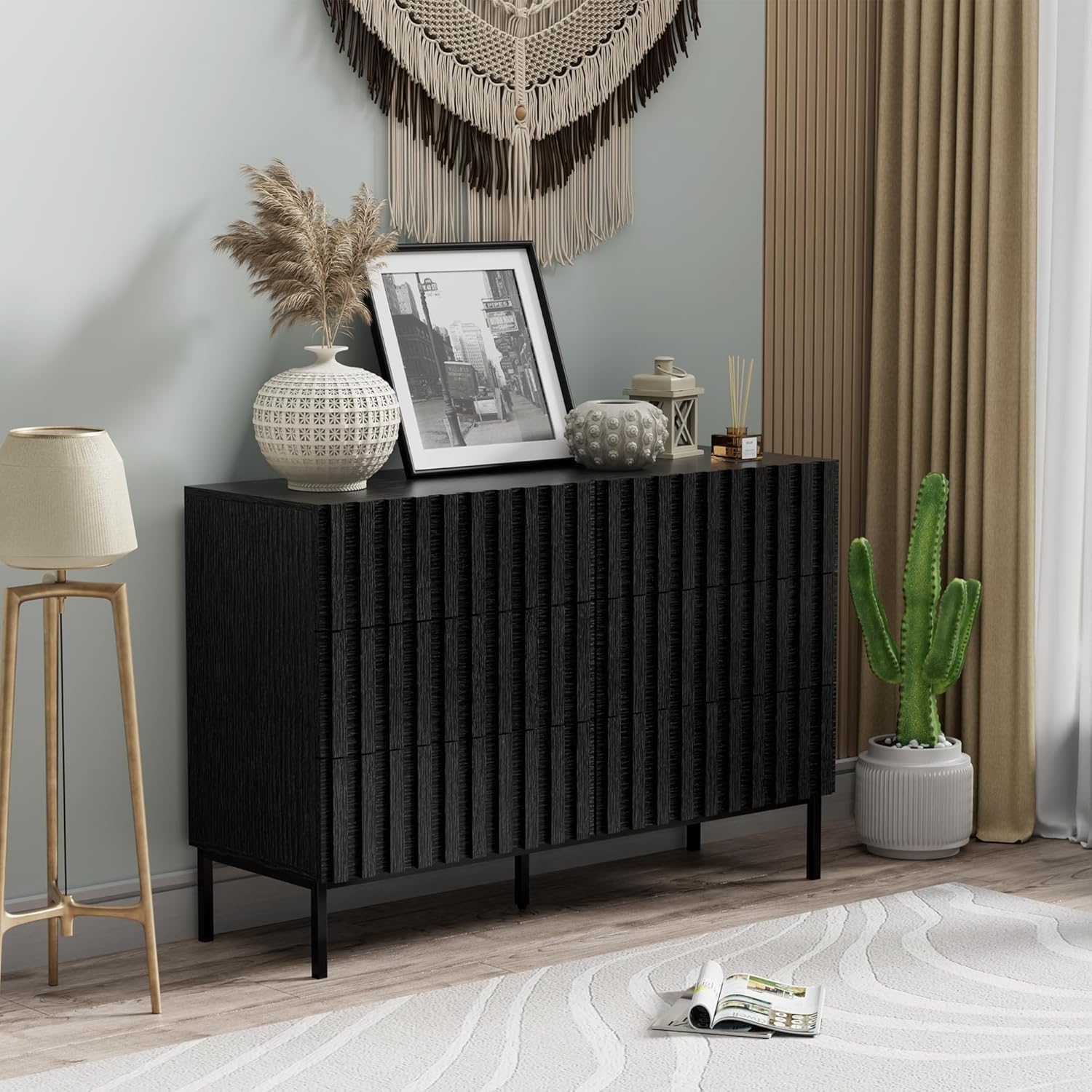 UEV 3 Piece Dresser and Nightstand Sets for Bedroom, 47' Wide 6 Drawer Dresser & Nightstand Set of 2, Mid Century Modern Fluted Wooden Dressers Set, Bedroom Furniture Set (Black)