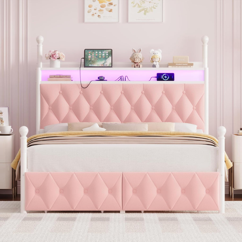 HIFIT Full Size Upholstered LED Canopy Bed Frame with Storage and Charging Station, Button Tufted Storage Headboard with Bookshelf, Two-Use Metal Platform Bed with 4 Removable Posts & 2 Drawers, Pink