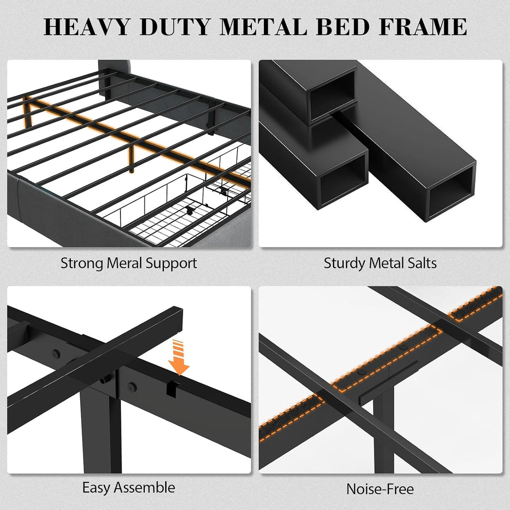 Queen Bed Frame with 2 Storage Drawers, Platform Bed Frame Queen Size with LED Light, Upholstered Headboard, Charging Station, Steel Slat Support, No Box Spring Needed, Noise-Free, Easy Assembly, Gray
