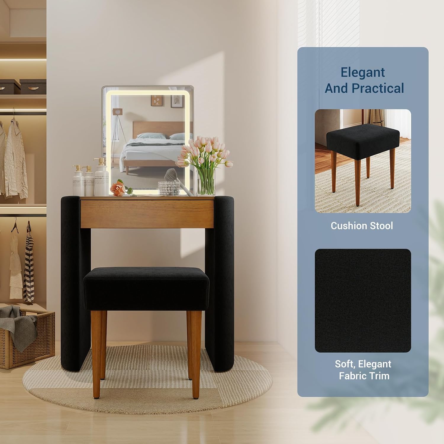 Small Makeup Vanity Desk with Lighted Mirror - Solid Wood Compact Bedroom Make Up Dressing Table with Adjustable Brightness Mirror & Drawer & Chair, Easy Assembly Classic Modern Set, Black