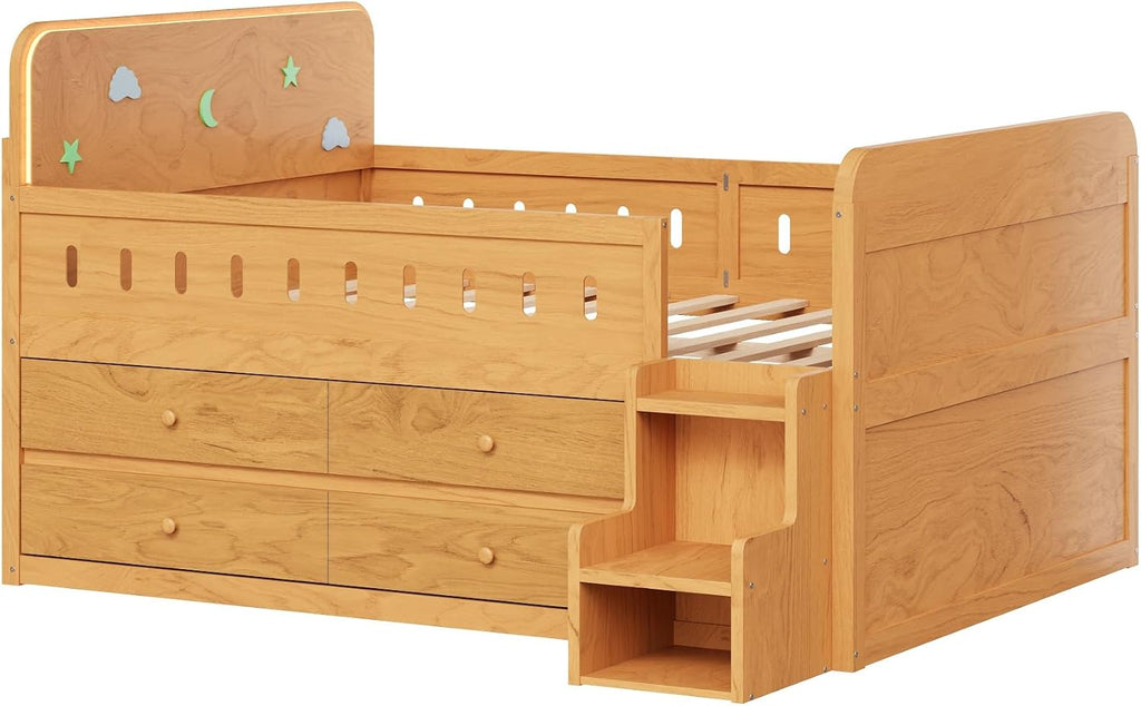 VilroCaz Full Size Platform Bed with Guardrail and 4 Drawers, Wooden Kids Platform Bed Frame with Two-Step Staircases and Light Strip for Boys Girls, Sturdy Slats Support (Wood-11A)