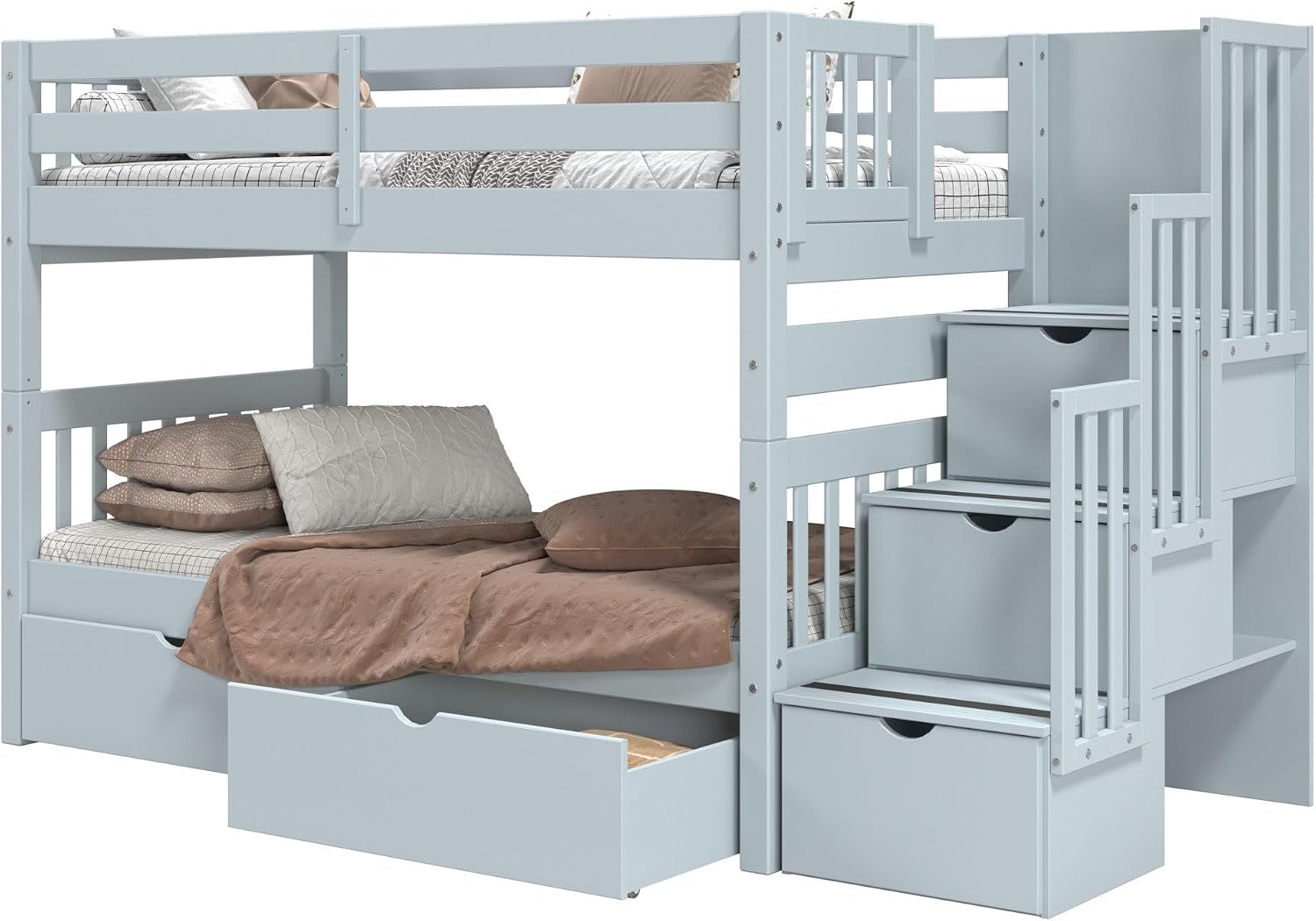 Bedz King Stairway Bunk Beds Twin Over Twin, 3 Step Drawers, 2 Storage Drawers, Breezy Blue