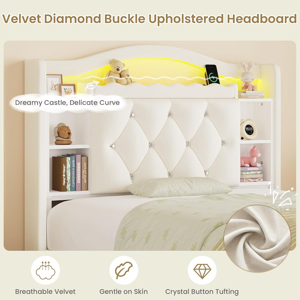 DICTAC Twin Size Bed Frame for Kids with Storage Drawers, Bookcase Headboard, LED Lights and Power Outlets, Diamond Tufted Velvet Upholstered Princess Platform Bed, Heavy-Duty Metal Support, Beige
