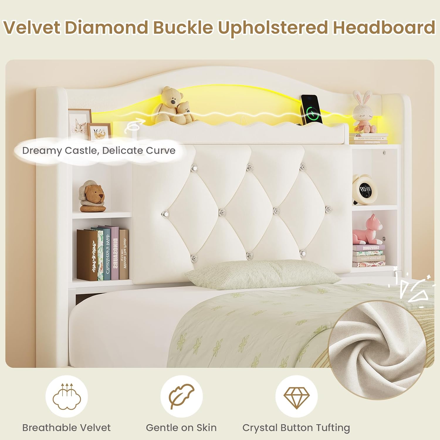DICTAC Twin Size Bed Frame for Kids with Storage Drawers, Bookcase Headboard, LED Lights and Power Outlets, Diamond Tufted Velvet Upholstered Princess Platform Bed, Heavy-Duty Metal Support, Beige