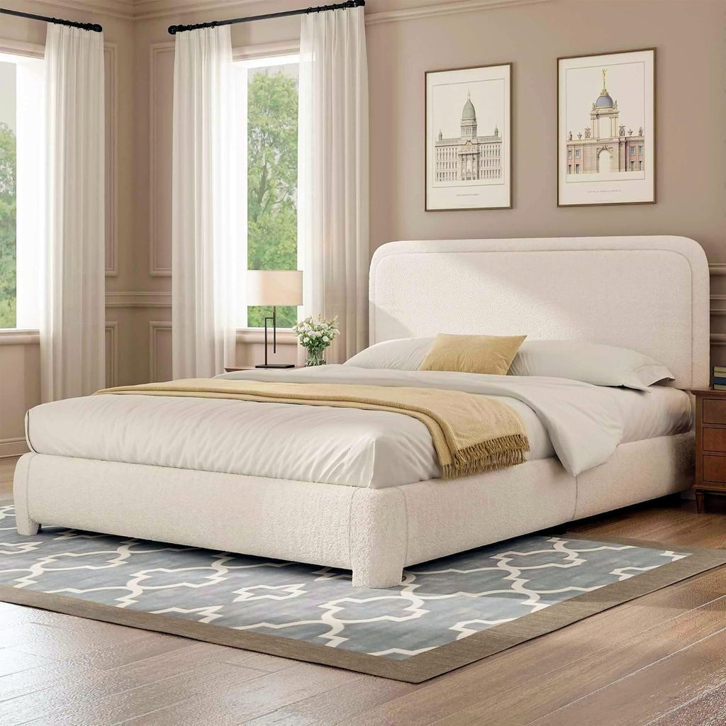 BarnFurin Queen Size Bed Frame with Headboard, Boucle Upholstered Platform Bed Frame, Soft Rounded Corners, No Box Spring Required, Easy Assembly, Beige