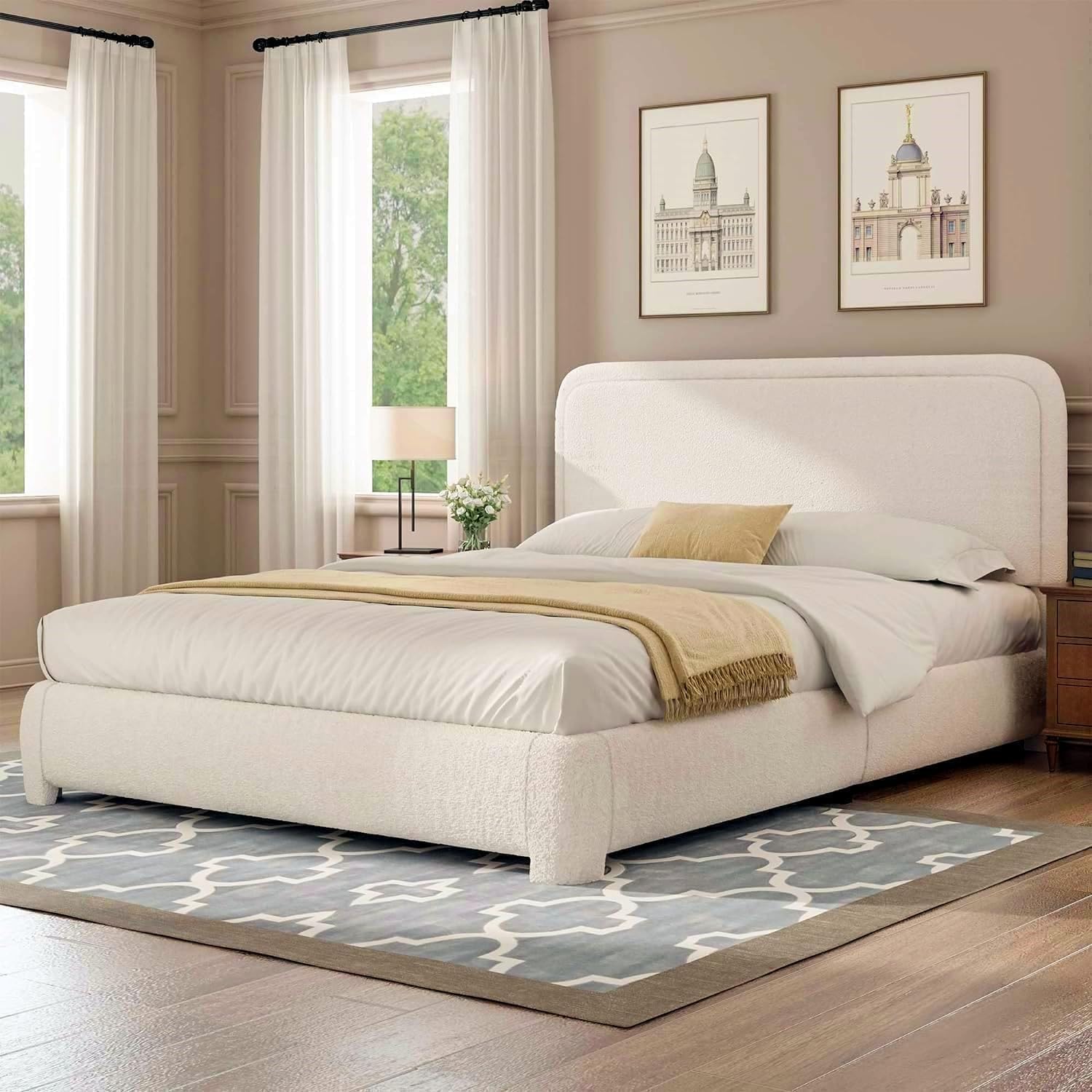 BarnFurin Queen Size Bed Frame with Headboard, Boucle Upholstered Platform Bed Frame, Soft Rounded Corners, No Box Spring Required, Easy Assembly, Beige