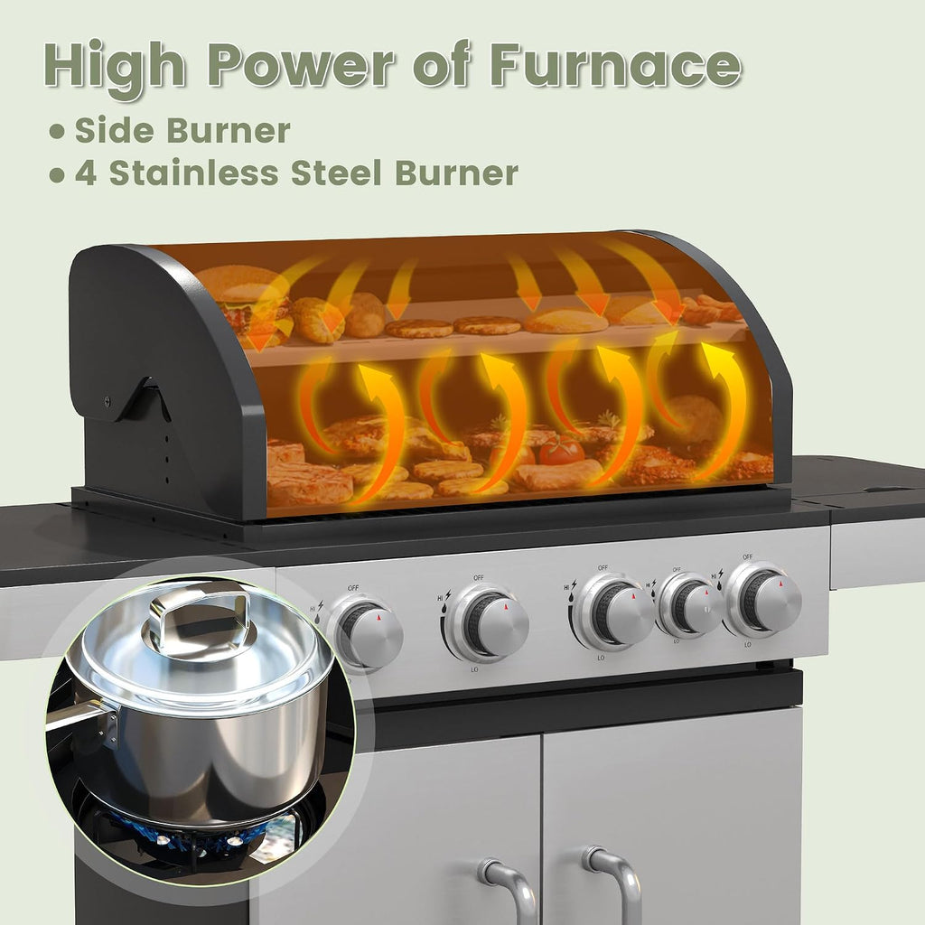 4 Burners Propane Gas Grill with Side Burner, Stainless Steel BBQ Grill with Porcelain-Enameled Cast Iron Grates, 46,500 BTU Outdoor Patio Barbeque Grill for Party, Camping, Backyard