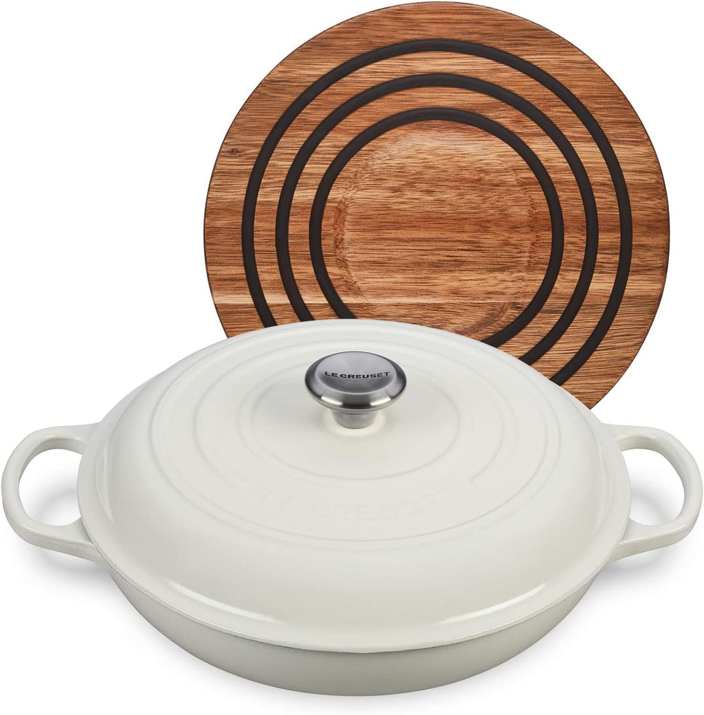 Le Creuset 3 1/2 qt. Signature Cast Iron Braiser Bundle with Magnetic Wooden Trivet - White