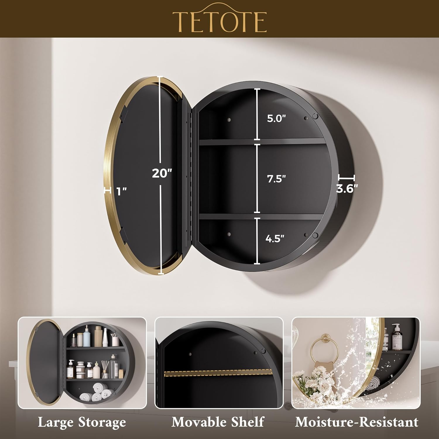 TETOTE Gold Medicine Cabinet with Mirror Round Medicine Cabinets 20 x 20 for Bathroom Modern Bathroom Organizer with Shelves Adjustable Shelves Wall Mounted
