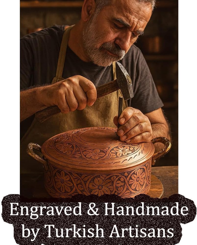 Vintage 100% Pure Solid Copper Hammered Handmade Engraved Cookware Cooking Stew Pot Braiser Lid Pan Oven Fancy Serving Nonstick Handle Non Stick Decorative Kitchen Decor Indian Turkish (1.8 Quarts)