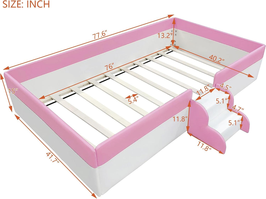 VilroCaz Twin Size Upholstered Daybed Frame with Fence and Stairs, Montessori Kids Floor Bed with Sturdy Slat Support for Kids Boys Girls