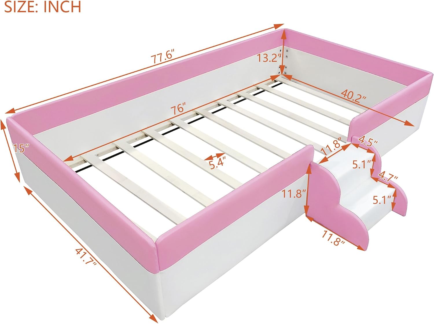 VilroCaz Twin Size Upholstered Daybed Frame with Fence and Stairs, Montessori Kids Floor Bed with Sturdy Slat Support for Kids Boys Girls
