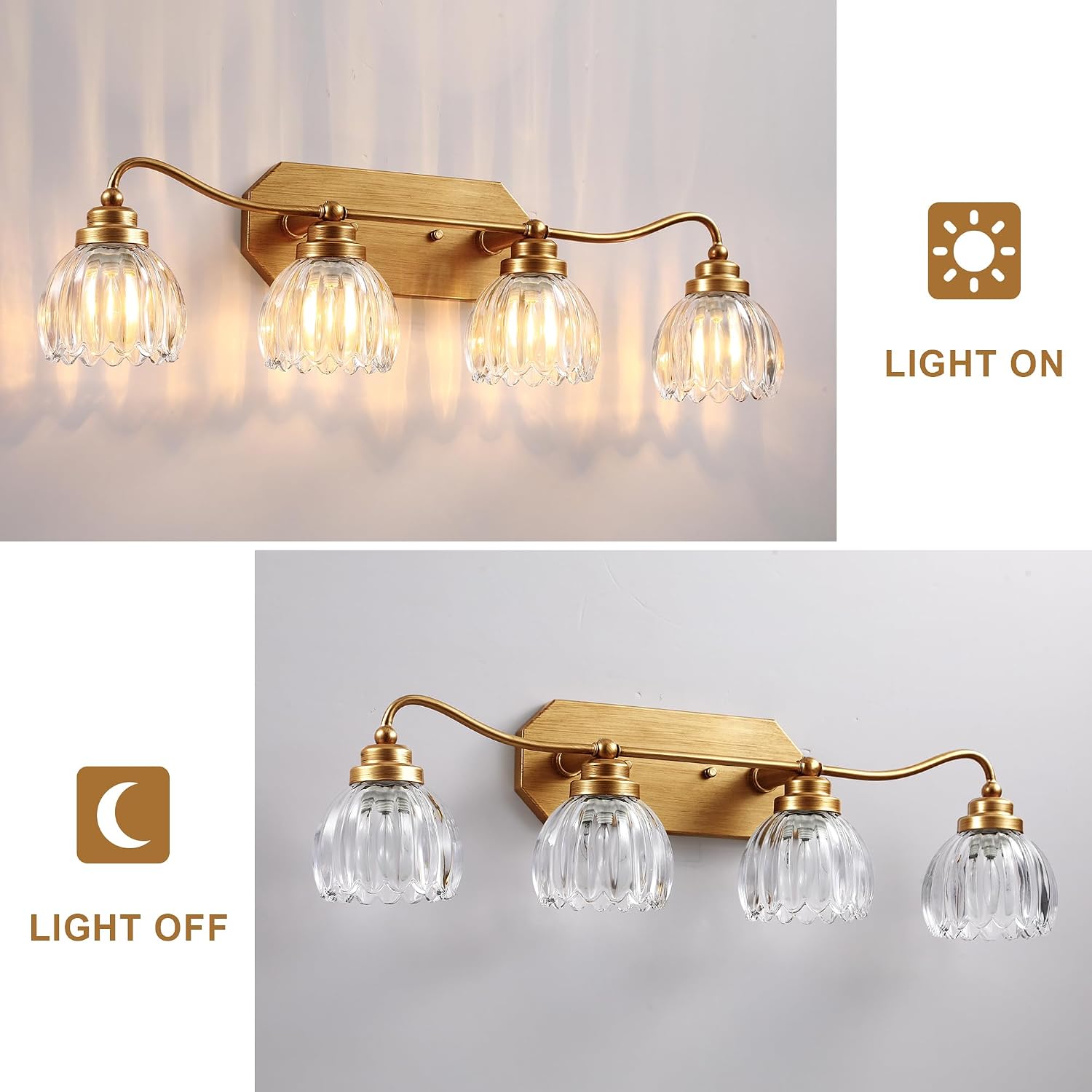 Vintage Bathroom Light Fixtures, 4 Light Gold Bathroom Vanity Light, Matte Antique Brass Finish with Crystal Glass Shade, Wall Sconces Lighting for Bedroom, Living Room, Hallway