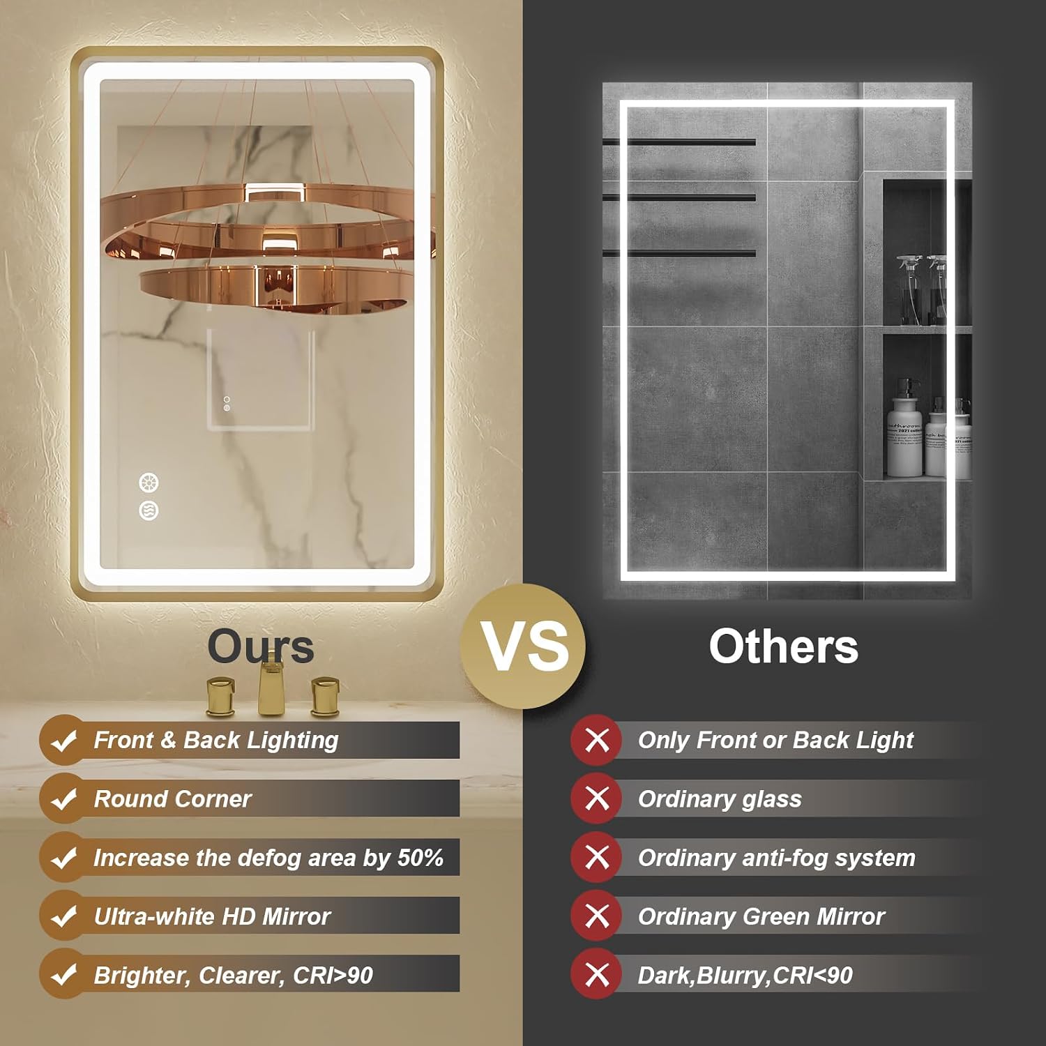 20'x 28' Gold Framed LED Mirrors for Bathroom, Wall Mounted Lighted Bathroom Vanity Mirror, Front and Backlight, Stepless Dimmable, 3 Colors, Anti-Fog, Memory, Smart Touch Button