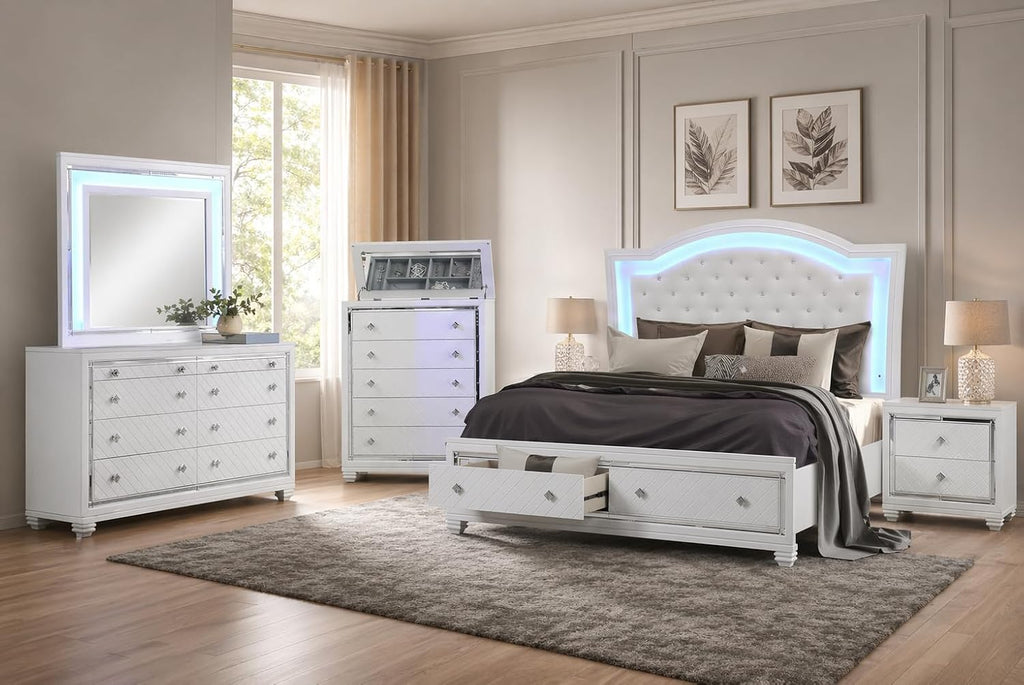 First of a Kind Shiney Contemporary 5 Piece King Bedroom Set High Gloss White Finish with Upholstered Headboard, Sleek Modern Bedroom Furniture Set for Coordinated Interiors