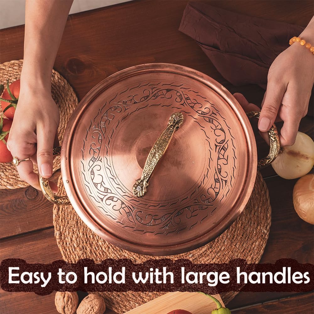 Vintage 100% Pure Solid Copper Hammered Handmade Engraved Cookware Cooking Stew Pot Braiser Lid Pan Oven Fancy Serving Nonstick Handle Non Stick Decorative Kitchen Decor Indian Turkish (3 Quarts)