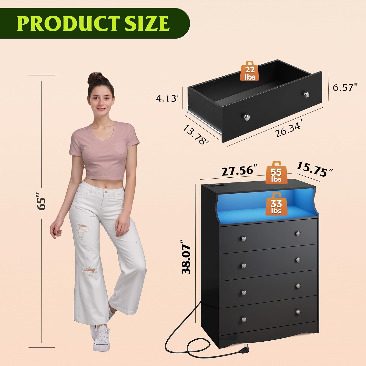 WLIVE Black LED Dresser for Bedroom, Tall Wood Dresser with 4 Drawers and Open Shelf, Chest of Drawers with Power Outlet for Living Room, Hallway, Closet