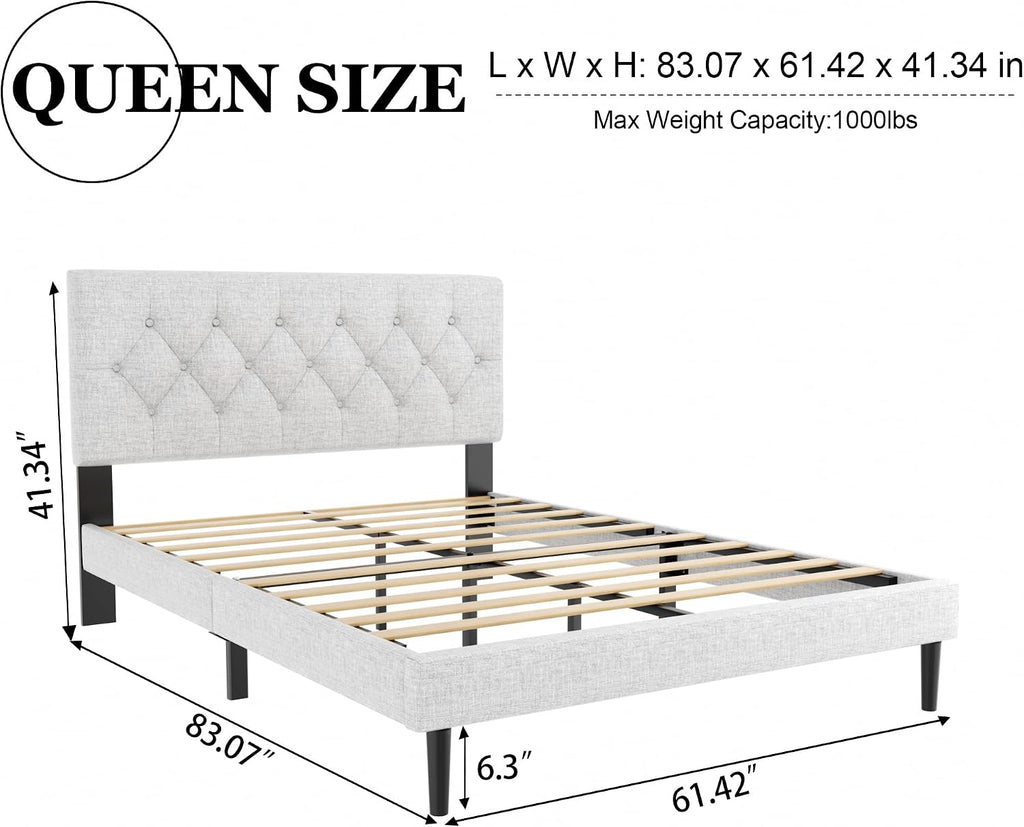 HAOARA Queen Size Platform Bed Frame with Upholstered Button Tufted Headboard, Mattress Foundation with Wooden Slat Support, Noise Free, No Box Spring Needed, Easy Assembly, Light Grey