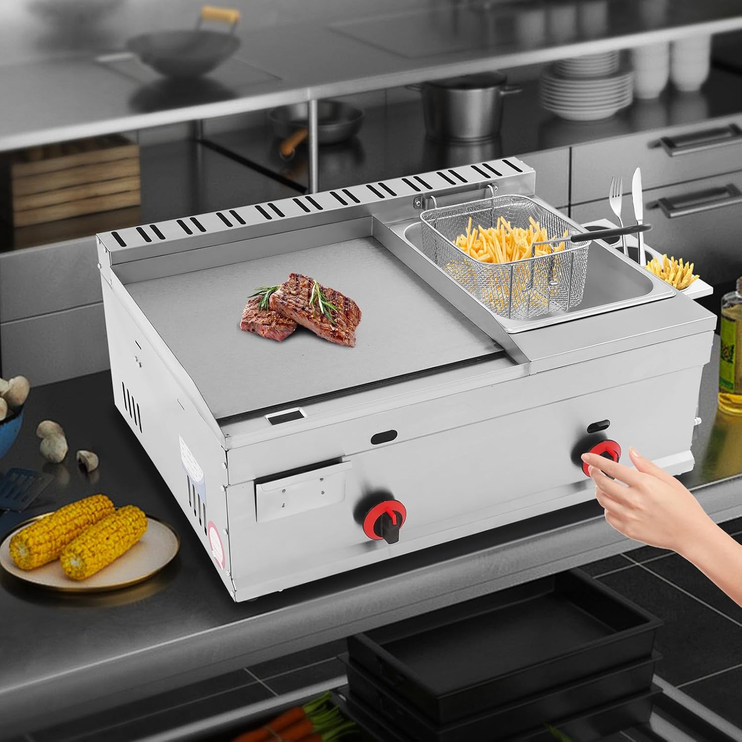 Commercial Gas Deep Fryer, Deep-Frying Machine with Grill Griddle, Large-Capacity Deep-Frying Machine for Baking, Grilling, Frying, Stir-Frying, Boiling for Home Kitchen Restaurant
