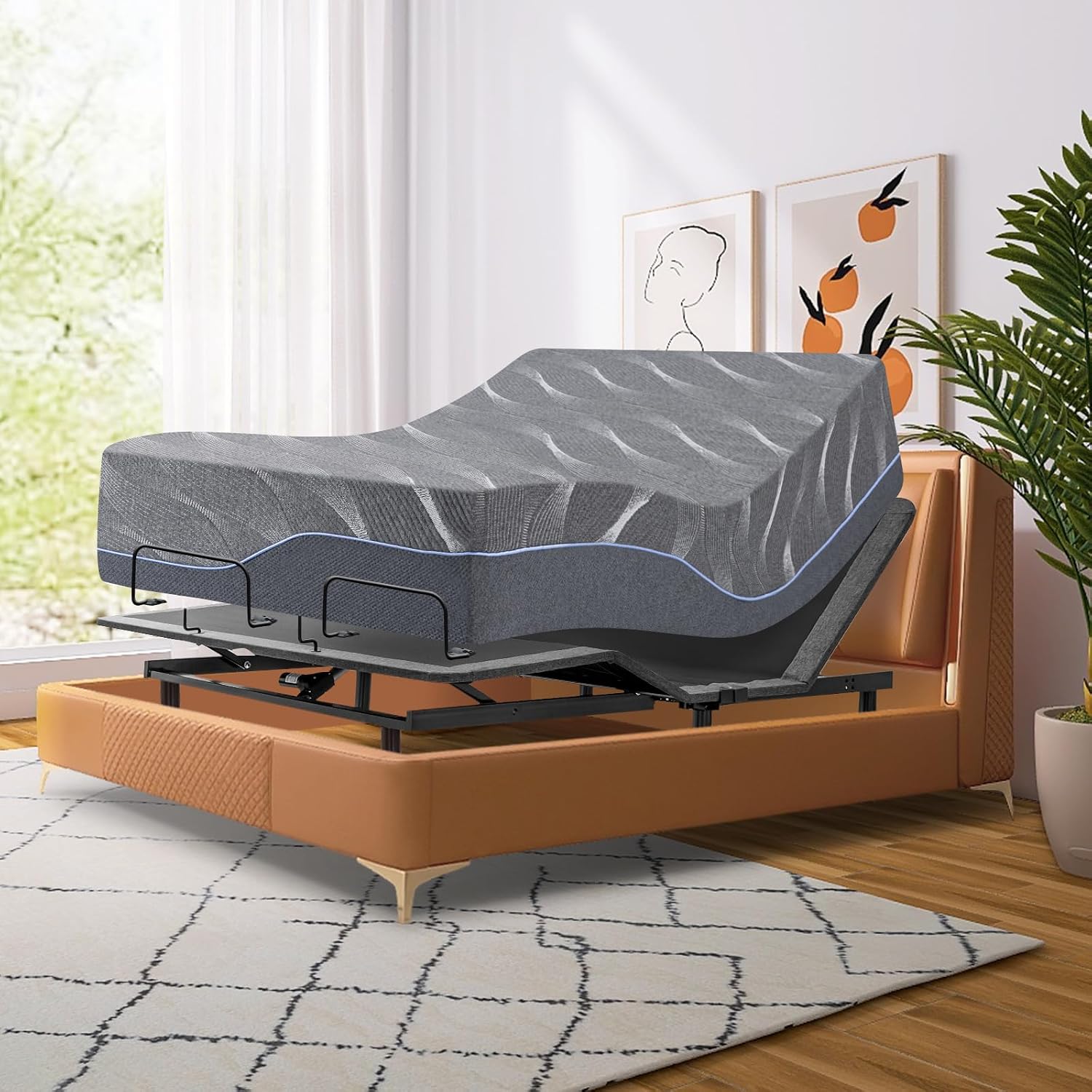 Full Size Adjustable Bed Frame with Massage,14 Inch Grey Gel Memory Foam Mattress, Bed Base with Adjustable legs,Separate Head/Foot Lift,Voice control,Anti-Snore/Zero Gravity,Thickened Foam Frame