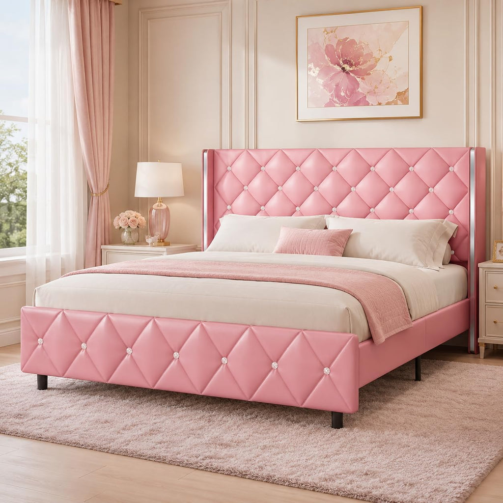 Queen Bed Frame with Headboard, Upholstered Queen Size Bed Frame with Diamond Tufted Wingback Headboard, Faux Leather, 800lbs Heavy Duty Support, Sliver Metal Edge Accents, No Box Spring Needed, Pink