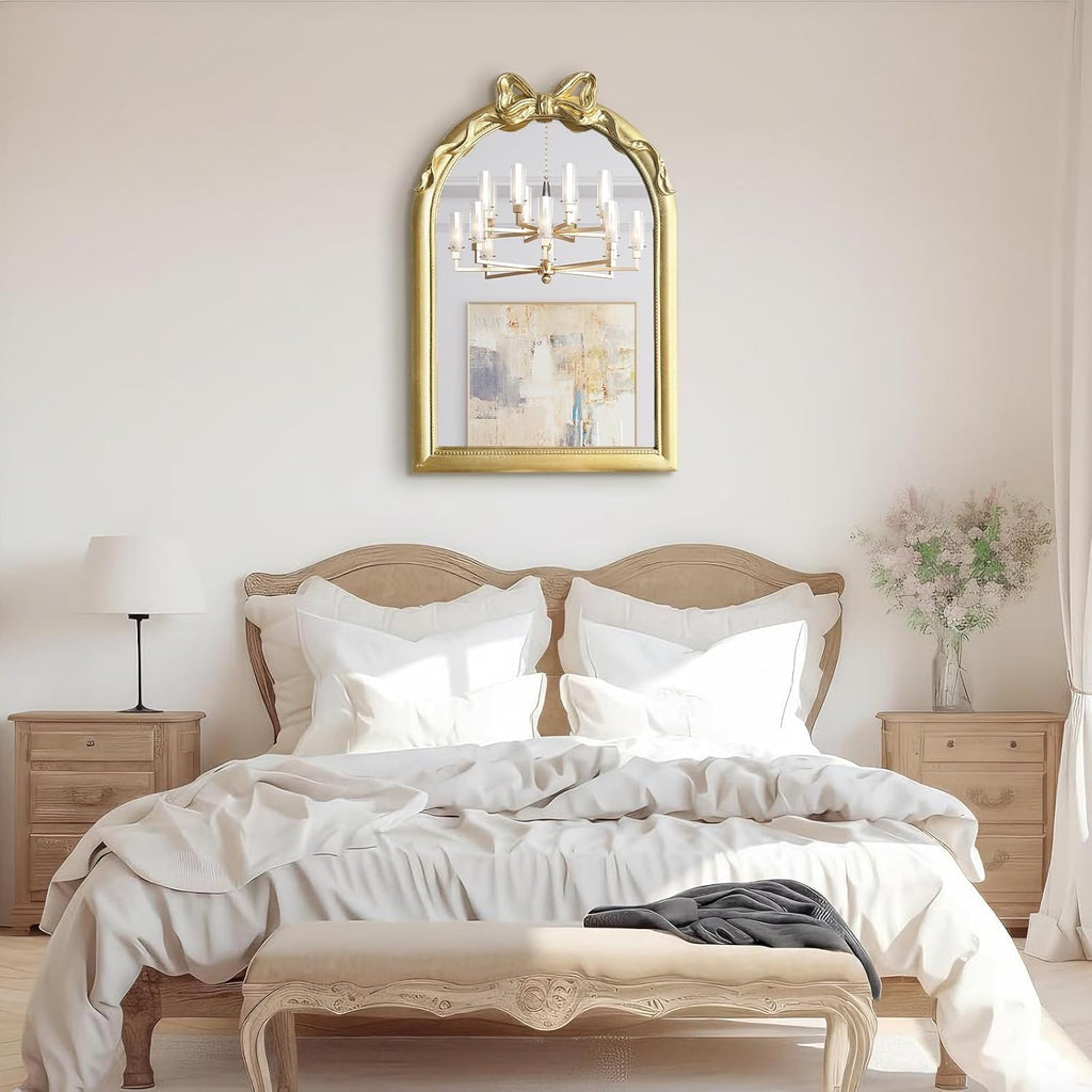 36x24 Arched Gold Bow Wall Mirror, Vintage Vanity Mirror for Bathroom & Bedroom Decor, Antique French Style Engineered Wood Frame with Ribbon Knot, Cute Coquette Aesthetic