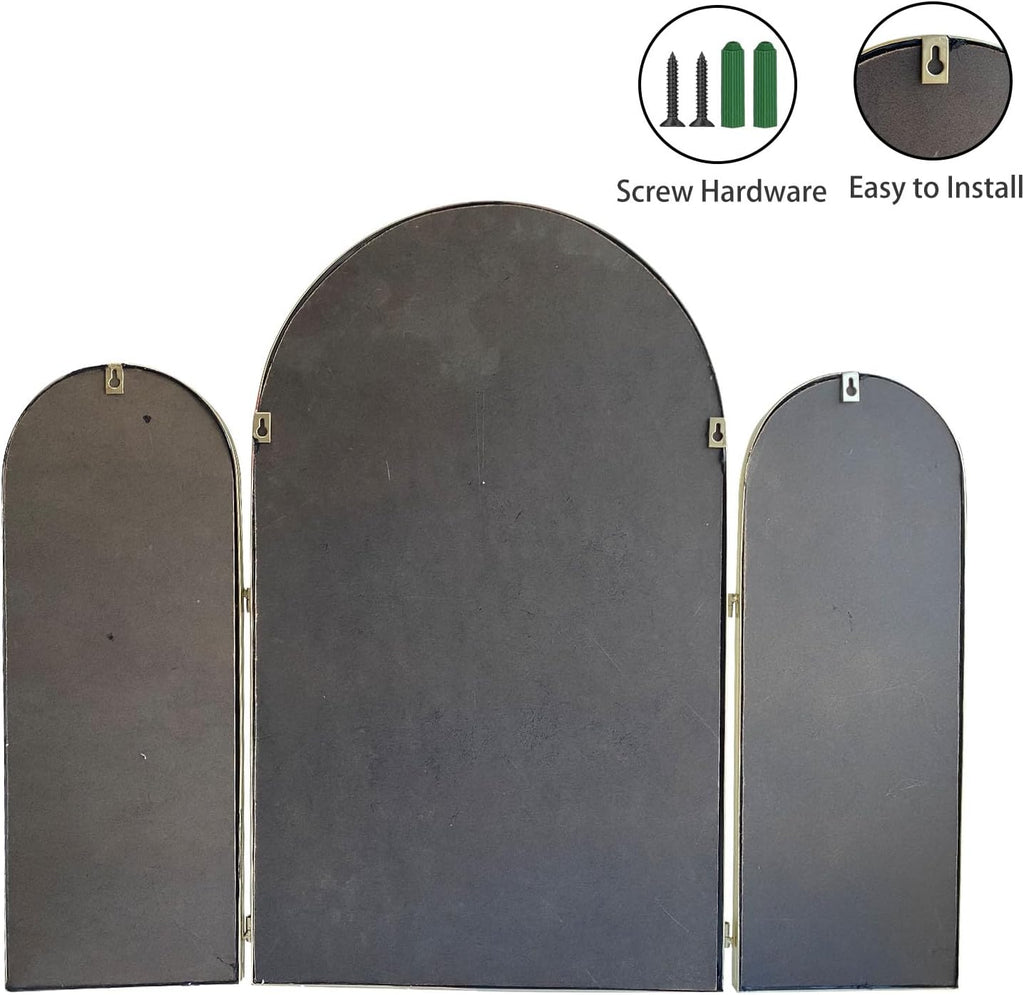 BAODANFU Trifold Vanity Mirrors 3 Way, 30 x 37in Adjustable Vanity Mirrors for Bathroom, Bedroom, Champaign Golden Arch Mirrors Wall Mounted Decoration, Braiding Hair, Makeup 360° Way