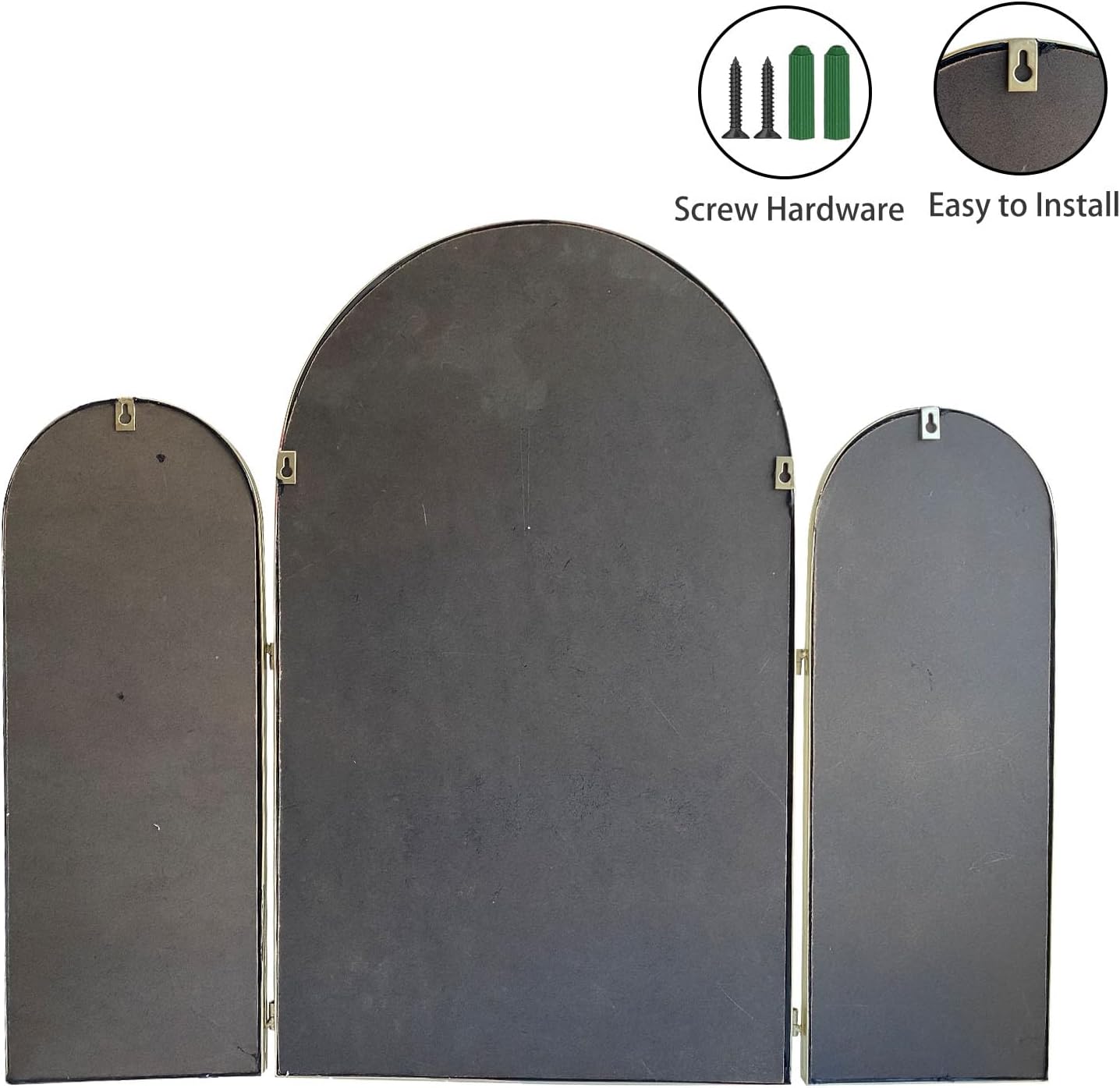 BAODANFU Trifold Vanity Mirrors 3 Way, 30 x 37in Adjustable Vanity Mirrors for Bathroom, Bedroom, Champaign Golden Arch Mirrors Wall Mounted Decoration, Braiding Hair, Makeup 360° Way