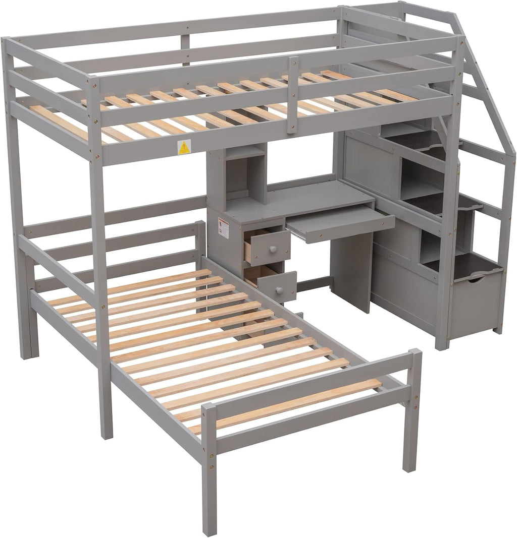 Harper & Bright Designs Twin Over Twin Bunk Bed with Desk, Heavy Duty Wood Loft Bedframe W/Shelves,Easy Assembly,Versatile Functional Bedroom Furniture Set for Boy Girl Teens,Gray