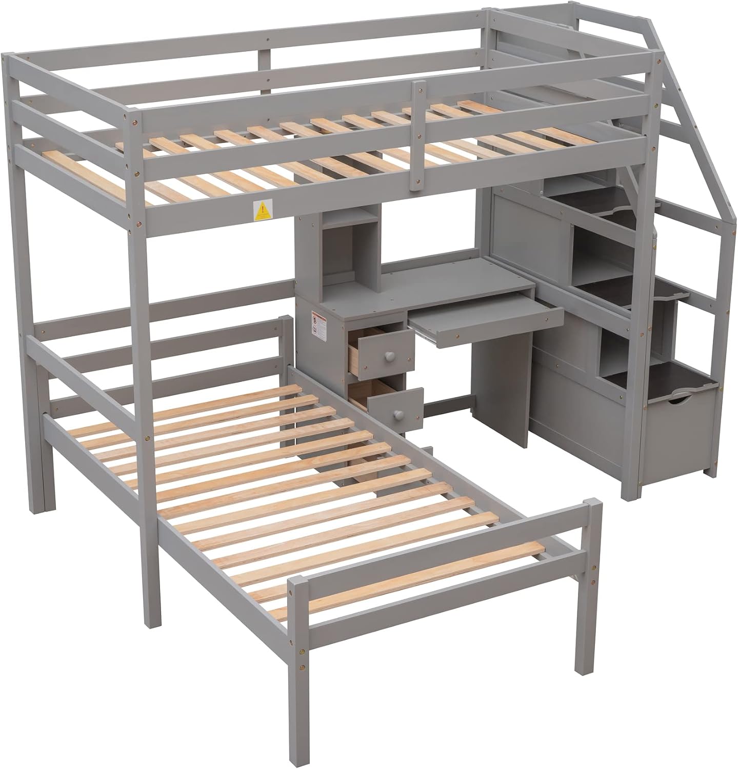Harper & Bright Designs Twin Over Twin Bunk Bed with Desk, Heavy Duty Wood Loft Bedframe W/Shelves,Easy Assembly,Versatile Functional Bedroom Furniture Set for Boy Girl Teens,Gray