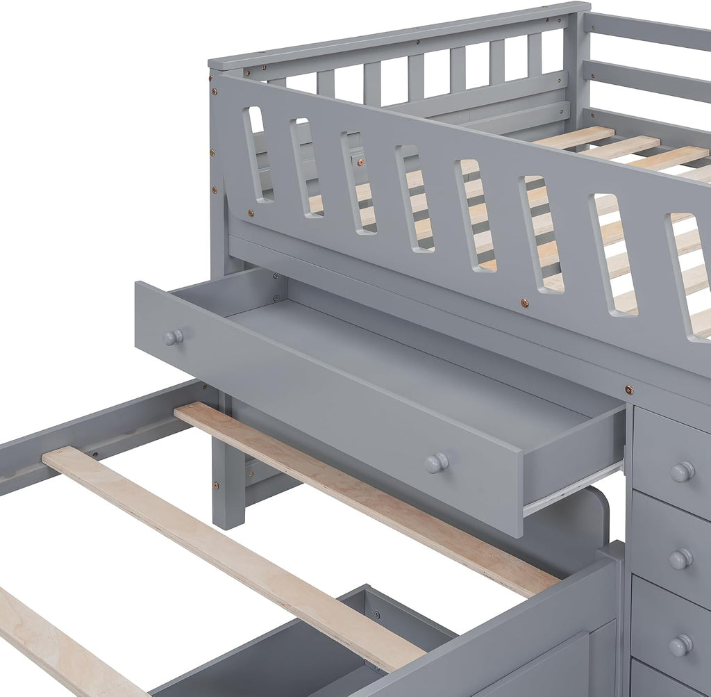 L-shaped Twin Low Loft Bed with Twin Platform Bed, Solid Wood Kids Beds Frame with 7 Drawers and Full Guardrails for Boys Girls, 2 Beds in 1 Design (Gray-L2B)