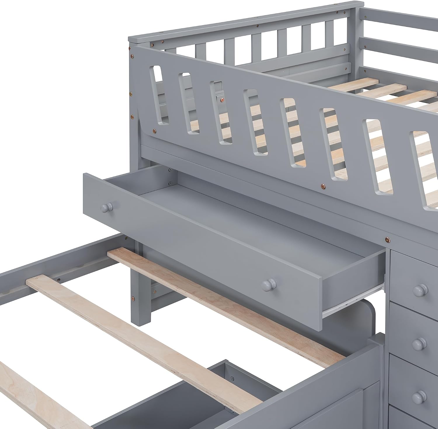 L-shaped Twin Low Loft Bed with Twin Platform Bed, Solid Wood Kids Beds Frame with 7 Drawers and Full Guardrails for Boys Girls, 2 Beds in 1 Design (Gray-L2B)
