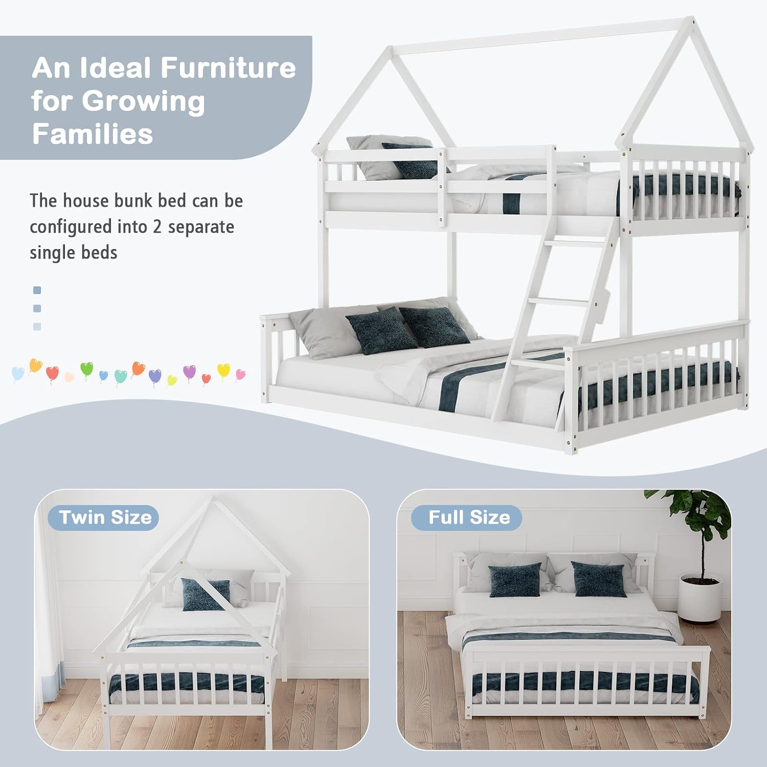 KOMFOTT Wood Twin Over Full House Bunk Bed with Built in Ladder, Solid Pine Wood Bunk Bed Frame with Safety Guardrails, House Bunk Bed Frame for Kids, Teens, Juniors, No Box Spring Needed (White)