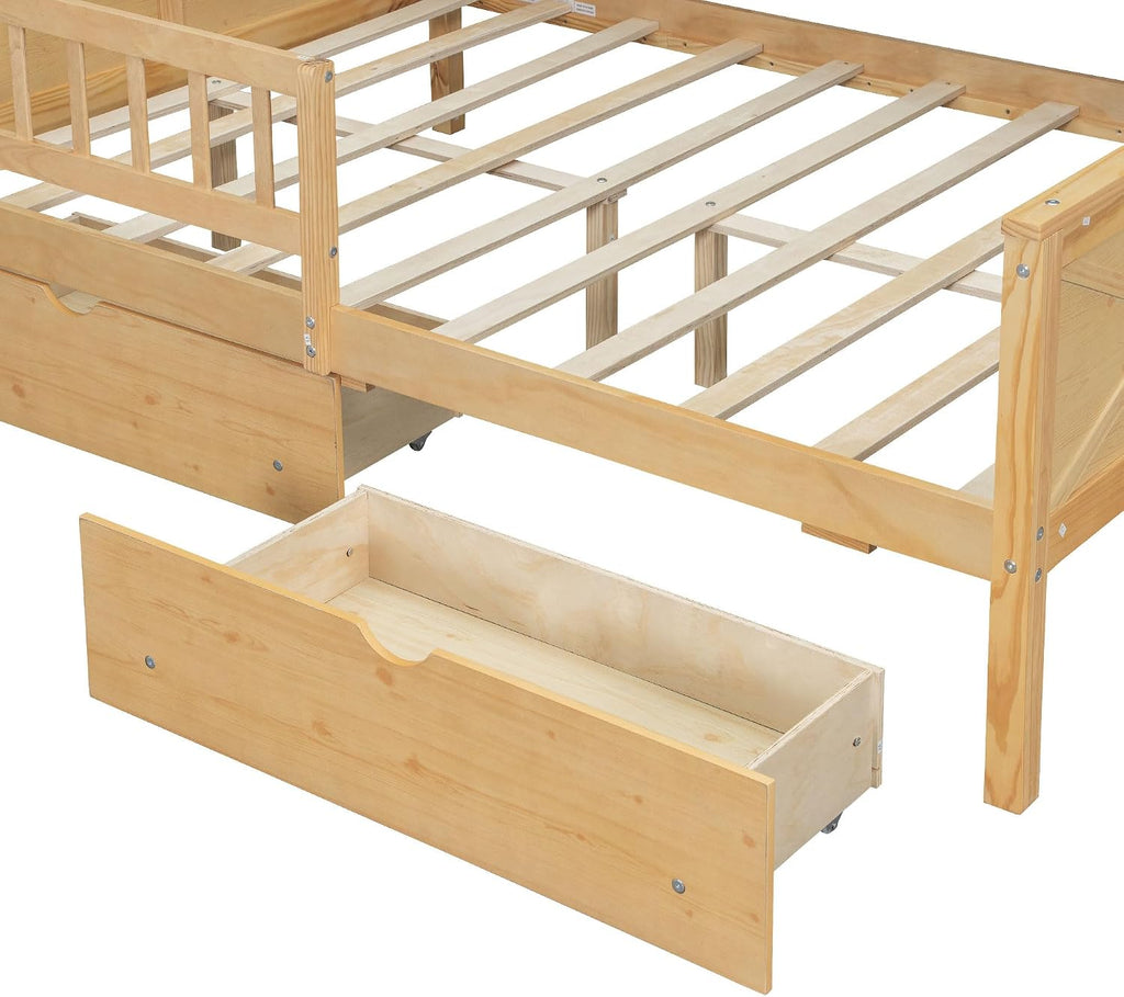 Bellemave Full House Platform Bed with Drawers Wood House Bed with Storage Shelves and LED Lights House Platform Bed Frame for Kids, Teens, Adults, No Spring Box Needed (Natural)