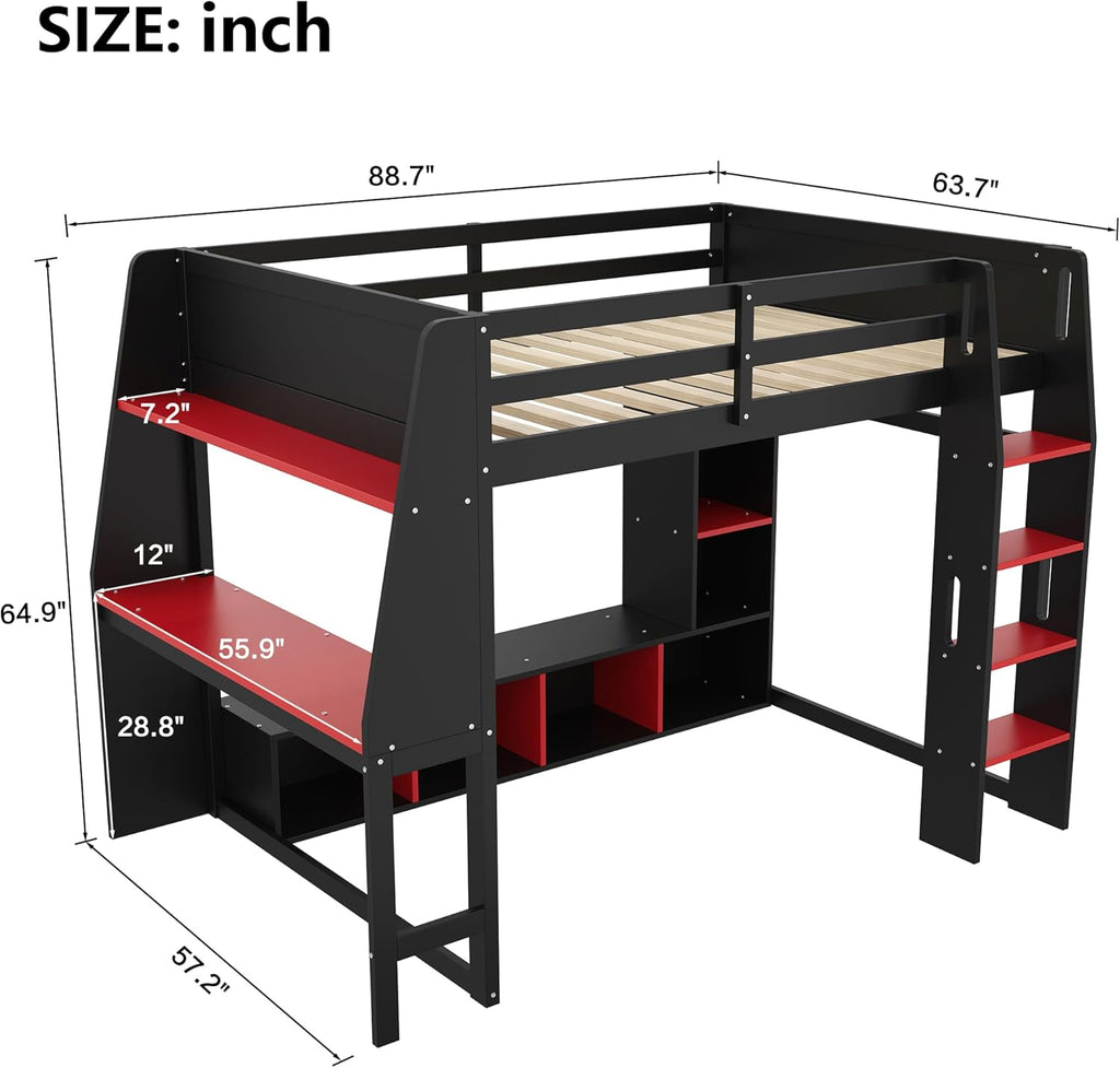 SOFTSEA Full Size Gaming Loft Bed with Desk and LED Lights, Wood Loft Bed Frame with Storage Shelves, Open Wardrobe, Full Gaming Loft Bed with Desk for Kids Teens Gamers, Red + Black