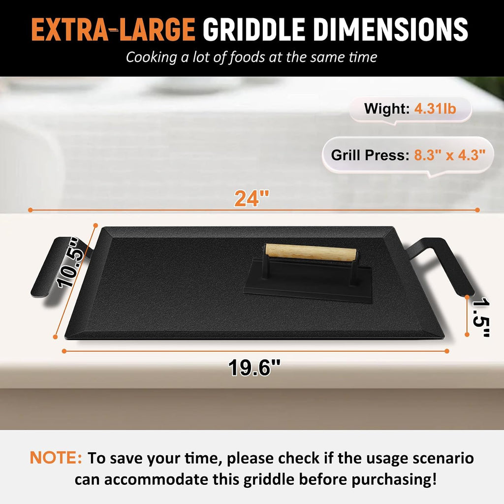 Universal Large Carbon Steel Griddle, 8.67' Square Griddle Lid, for Outdoor Gas Grill, Induction, Gas/Electric Stove, and Oven, Up to 1000℉, with Grill Press, Pre-seasoned Nitride Coating Process