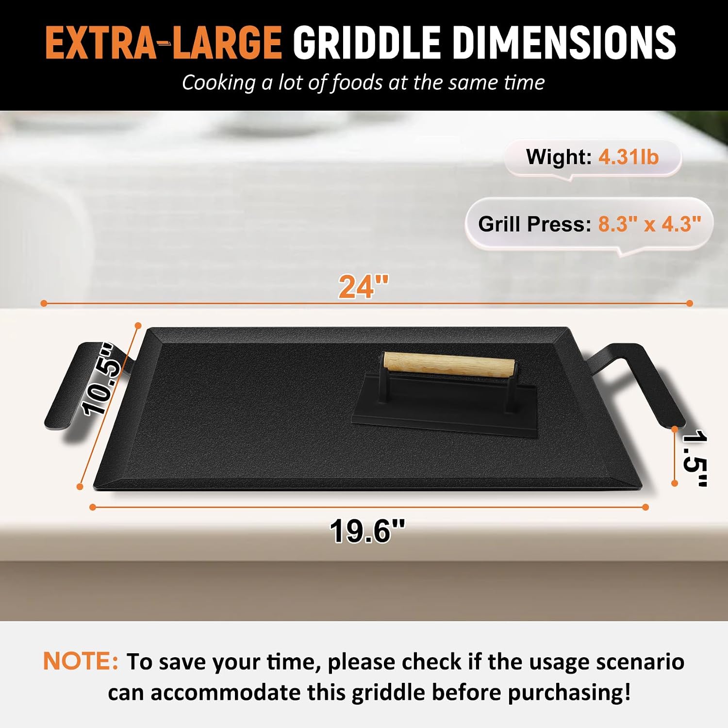Universal Large Carbon Steel Griddle, 8.67' Square Griddle Lid, for Outdoor Gas Grill, Induction, Gas/Electric Stove, and Oven, Up to 1000℉, with Grill Press, Pre-seasoned Nitride Coating Process