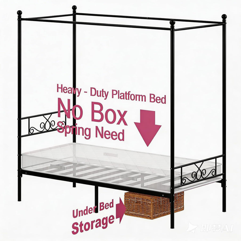 Weehom Twin Canopy Bed Frame with Headboard and Footboard, 4 Posters Metal Bed Frame, No Box Spring Needed, Mattress Foundation Platform Bed for Kids and Adults, Black